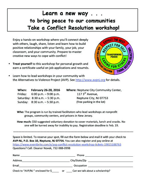 Alternatives To Violence Project To Hold Conflict Resolution Workshop In Neptune City, NJ